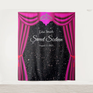 Zoete 16 Prinses Tiara Roze Gordijn Zwart Glitter Wandkleed