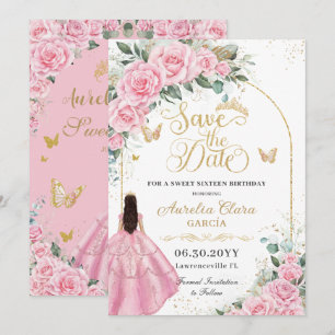Zoete 16 Quinceanera Roze Rozen Bloemrijke Gouden Save The Date