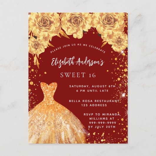 Zoete 16 rode gouden glinsterende jurkrozen uitnodiging briefkaart (Voorkant)