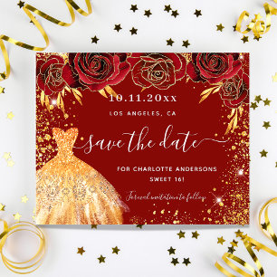 Zoete 16 rode gouden jurk budget save the date flyer