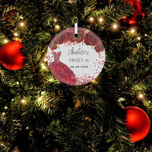 Zoete 16 rode jurk bloemen wit glas ornament