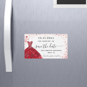 Zoete 16 rode witte jurk save the date magneet