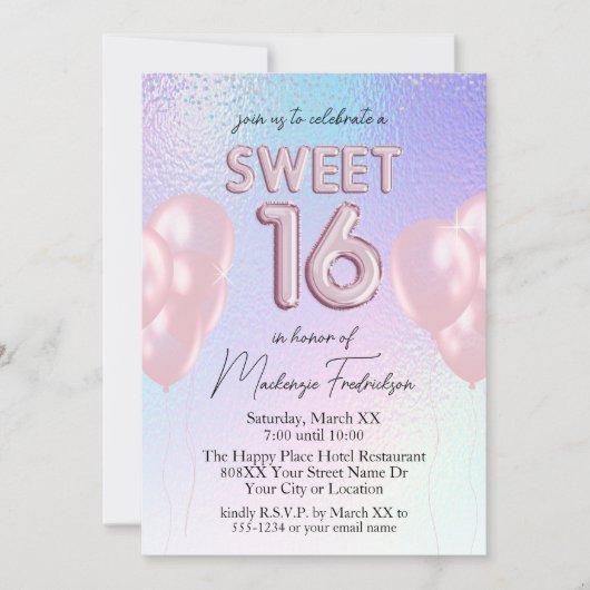 Zoete 16 roze ballonnen op holografisch verloop kaart (Voorkant)