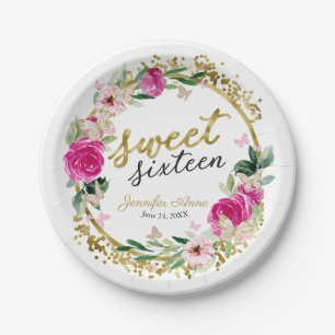 Zoete 16 Roze Bloem Vlinder Papieren Bordje