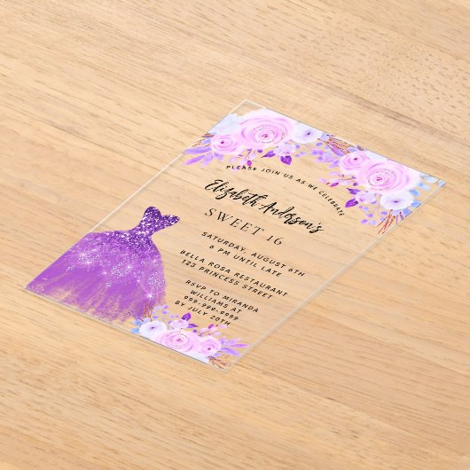 Zoete 16 roze paarse bloemen jurk doorzichtig acryl uitnodigingen (Laagn)