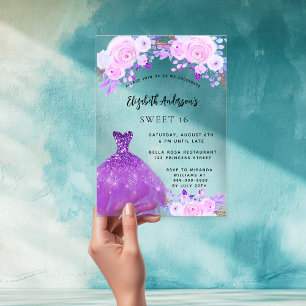 Zoete 16 roze paarse bloemen jurk doorzichtig acryl uitnodigingen