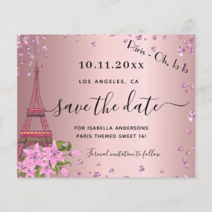 Zoete 16 roze roos paris budget save-the-date flyer