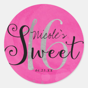 Zoete 16 Roze Zilver & Zwarte Aangepaste Feest Fav Ronde Sticker