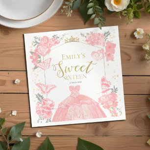 Zoete 16 servetten vlinder roze jurk bloemen