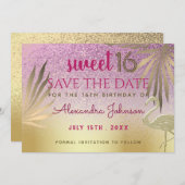 Zoete 16 Sparen de Datum Flamingo Roze en Goud Save The Date (Voorkant / Achterkant)