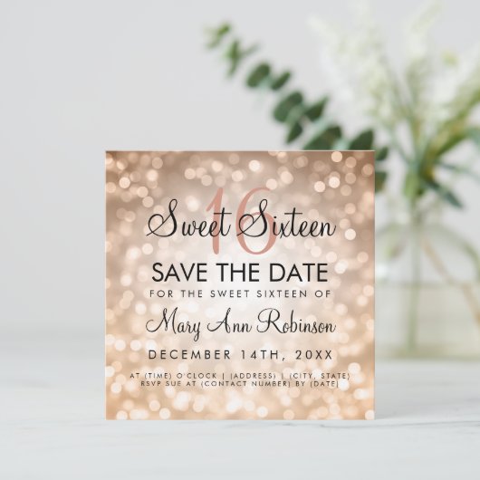 Zoete 16 Sparen de Datum Roos Gold Glitter Lichten Kaart (Staand voorkant)