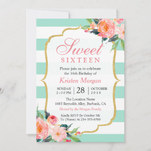 Zoete 16 verjaardag Munt Green Stripes Pink Flor Kaart