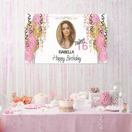 Zoete 16 verjaardag - Roze ballonnen Spandoek (Feest)