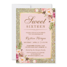 Zoete 16 verjaardag | Roze Floral Gold Gliters