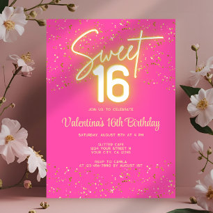Zoete 16 Verjaardag Roze Neon Gloed Gouden Glitter Kaart