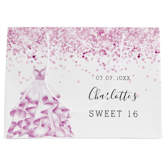 Zoete 16 witte roze glitter jurk groot cadeauzakje (Voorkant)