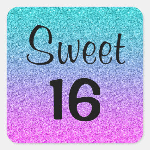 Zoete 16 zestien Ombre Roze Blauw Paars Glitters Vierkante Sticker