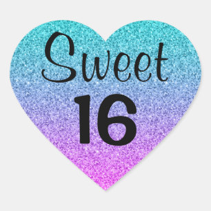 Zoete 16 zestien ombre roze blauw paarse glitter hart sticker