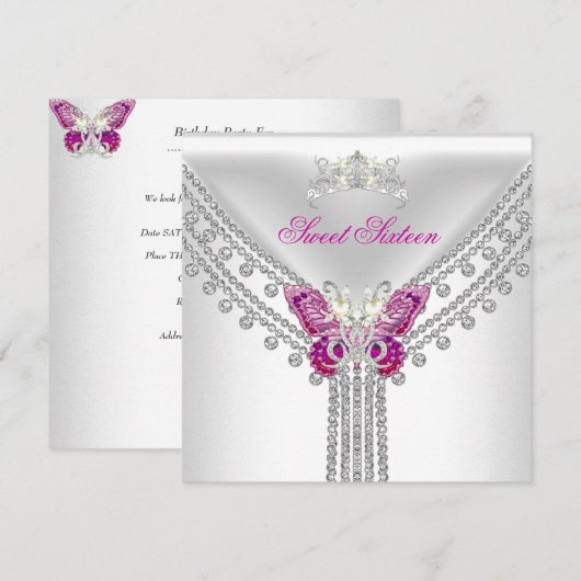 Zoete 16 Zestien Roze Witte Vlinder Kaart (Voorkant / Achterkant)