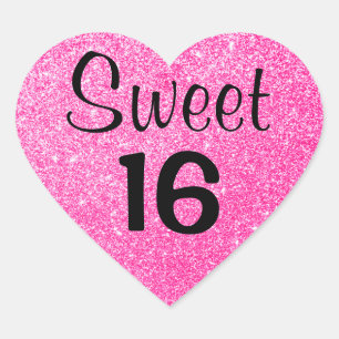 Zoete 16 Zestien Zwarte & Heet Roze Glitters Glanz Hart Sticker