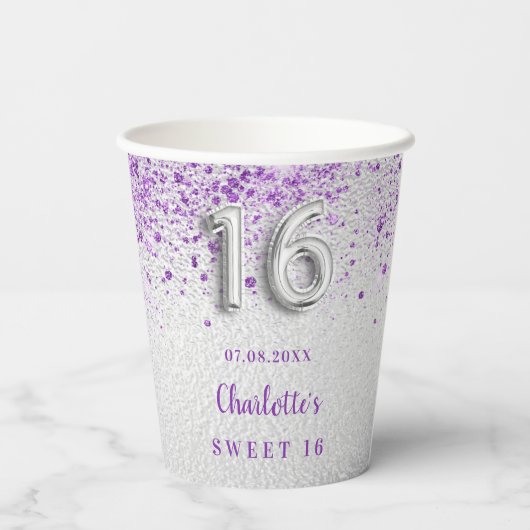 Zoete 16 zilverhoudende paarse glitterstofmonogram papieren bekers (Achterkant)
