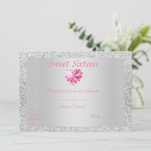 zoete 16 zilversparkle roze diamant kaart (Staand voorkant)