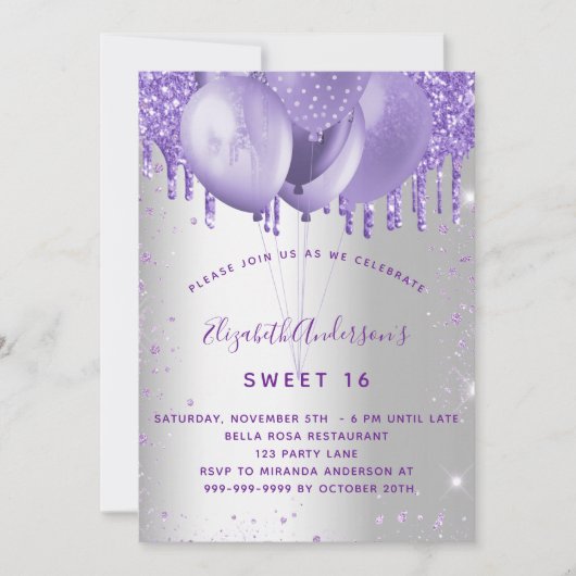 Zoete 16 zilverviolette glitterballonnen kaart (Voorkant)
