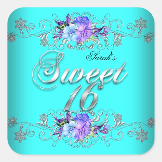 Zoete 16 Zoete Zestien Teal Paarse Bloemen Vierkante Sticker (Voorkant)