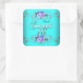 Zoete 16 Zoete Zestien Teal Paarse Bloemen Vierkante Sticker (Tas)