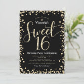 Zoete 16 Zwart Gouden Glitter Script Verjaardag Ch Kaart (Staand voorkant)