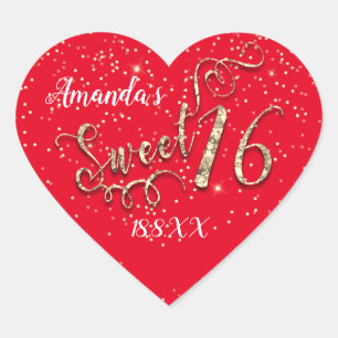 Zoete 16e Eenhoorn Hart Glitter RedGold Confetti Sticker