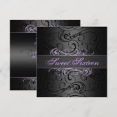 Zoete 16e Paars/Black Swirl Birthday Uitnodiging (Voorkant / Achterkant)