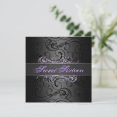 Zoete 16e Paars/Black Swirl Birthday Uitnodiging (Staand voorkant)