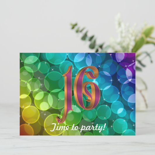 Zoete 16e verjaardag regenboog uitnodiging (Staand voorkant)