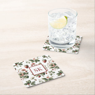 Zoete Aardbei & Bloemmotief Aangepaste Monogram Vierkante Kartonnen Onderzetter