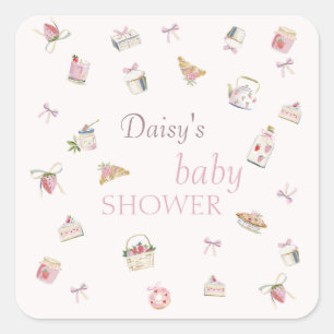 Zoete Aardbei Dessert Baby Shower Waterverf Vierkante Sticker