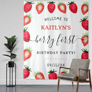 Zoete aardbeienbes Eerste 1e Verjaardagsfeest Wandkleed