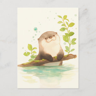 Zoete Aquarel Otter op Mosachtige Tak Briefkaart