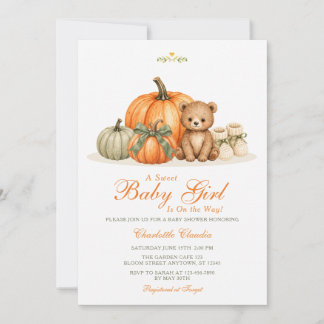 Zoete Baby Meisje Pompoen Beer Herfst Baby Shower Kaart