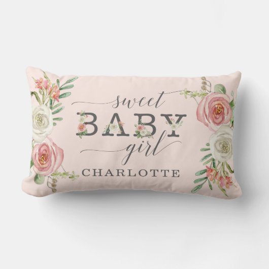 Zoete Baby Meisje | Waterverf Blush en Witte Bloem Kussen (Voorkant)