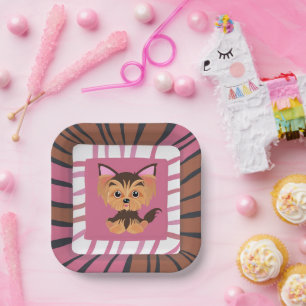 Zoete Baby Roze en Bruine Yorkie Papieren Bordje