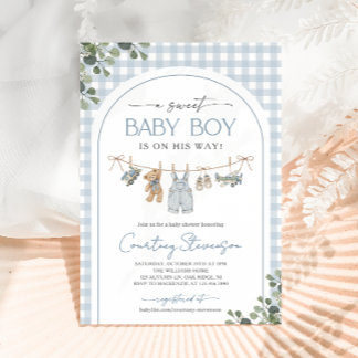 Zoete babyjongen waslijn geruite baby shower kaart