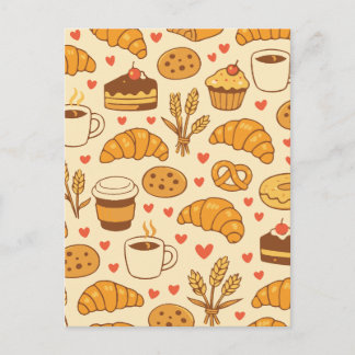 Zoete bakkerijtraktaties & koffie naadloos patroon briefkaart