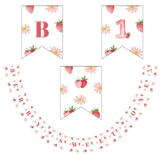 Zoete bessen Eerste Verjaardag Pastel Roze Rode Bl Vlaggetjes