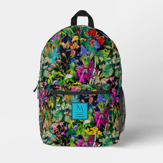 Zoete bloemen bladeren kleurrijke monogram patroon bedrukte rugzak (Voorkant)
