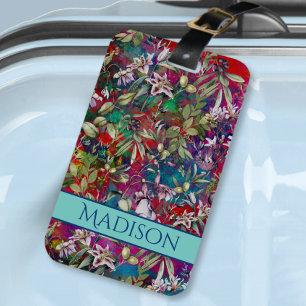 Zoete bloemen bladeren rood monogram bloemmotief bagagelabel