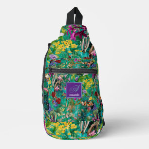 Zoete bloemen bladeren turquoise monogram gedrukt sling bag
