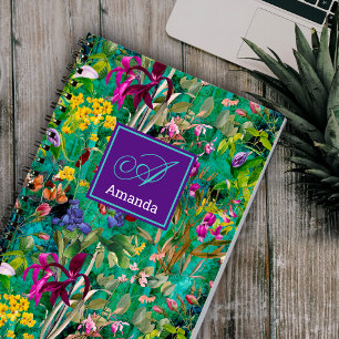 Zoete bloemen bladeren turquoise monogram patroon notitieboek