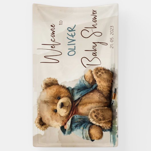 Zoete bruine waterverf teddybeer Baby shower Spandoek (Verticaal)