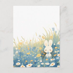 Zoete Crème Konijn in Blauwe Wilde Bloemenweide Briefkaart